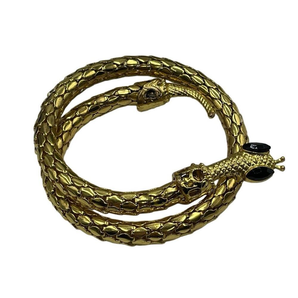 Vintage‎ Golden Mesh Stretch Black Eye Rhinestone Egyptian Snake Coil Bracelet